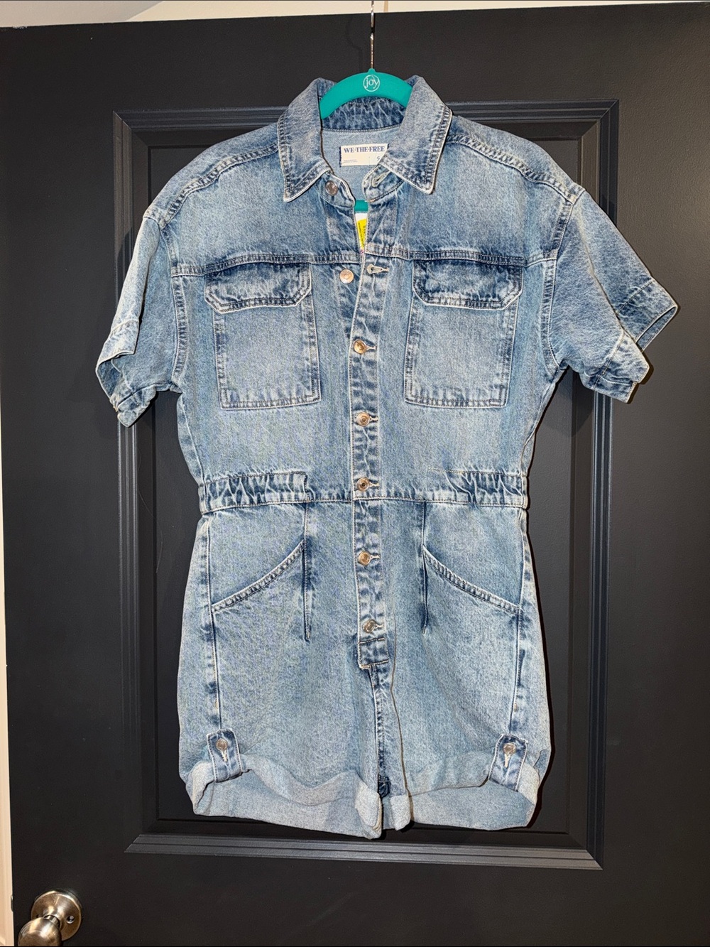 We The Free Washed Light Blue Denim Short-Sleeve Romper